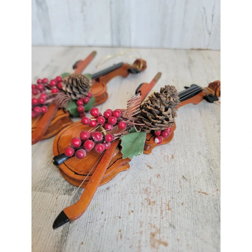 Vintage violin bow cranberry pine cone ornament Xmas wooden set home Cello